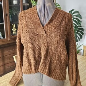 Cable Knit V-Neck Sweater - Brown